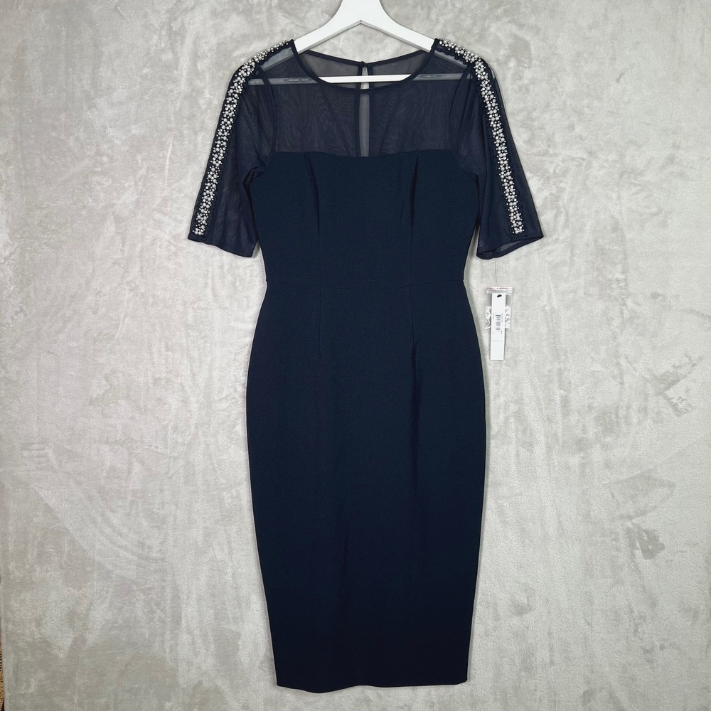 Maggy London Dress Blue Illusion Midi With Pearl Details Sheer Sz 4 Bodycon NWT